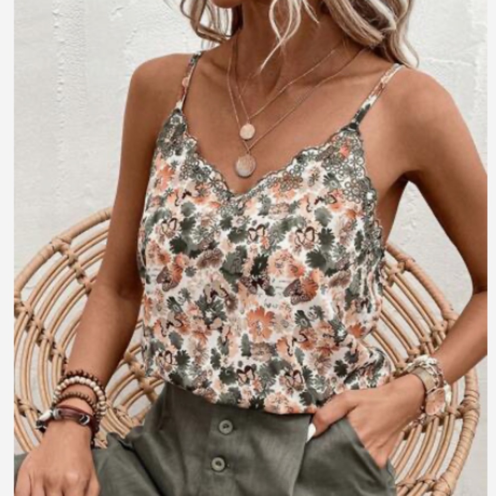 039 Boho Floral Butterfly Print Adjustable Strap Cami Tank Top